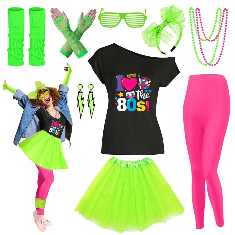 7245 80s Outfit Costume Accessoriess Set T Shirt Leggings Tutu